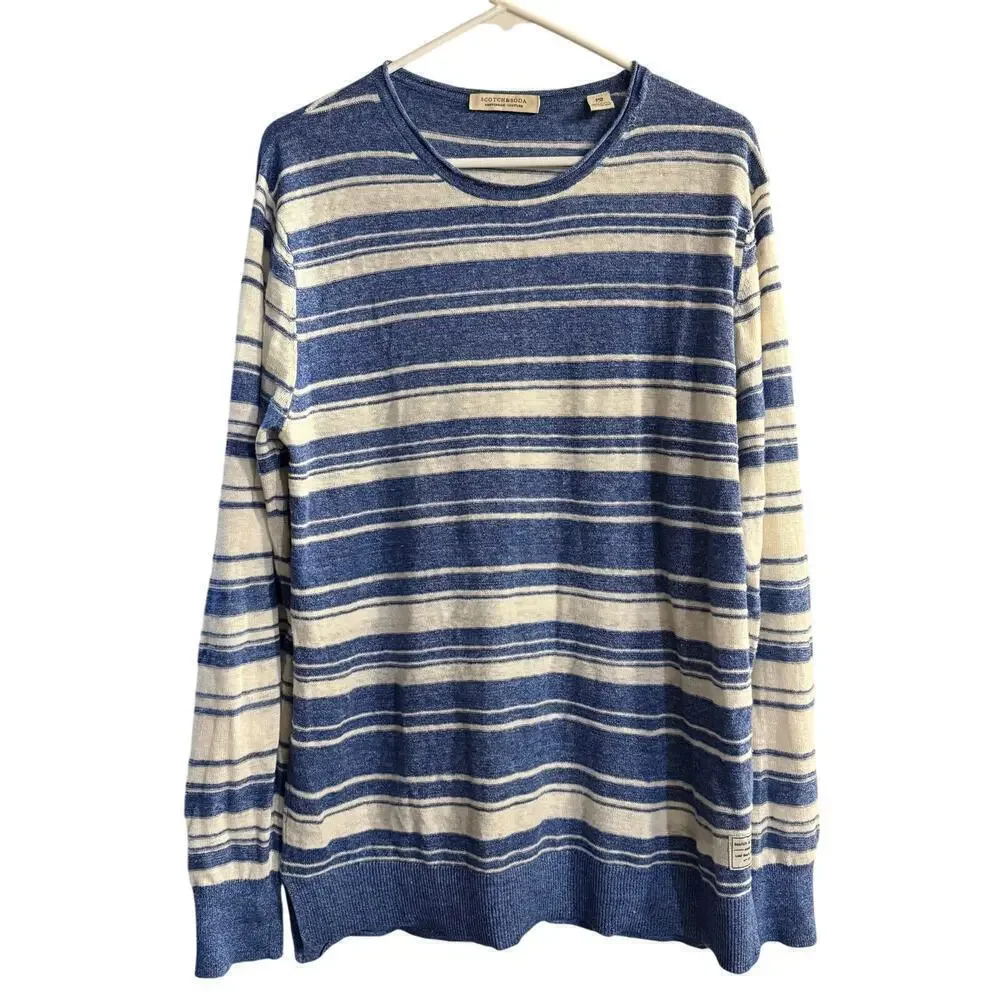 Scotch & Soda Ams Couture Mens Linen Cotton Striped Knit Sweater Medium Blue